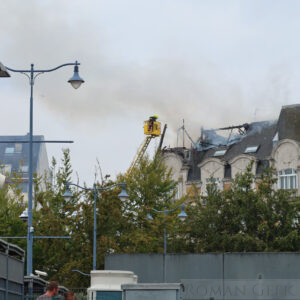 Fire Brigade attending a building on fire in Arras, France