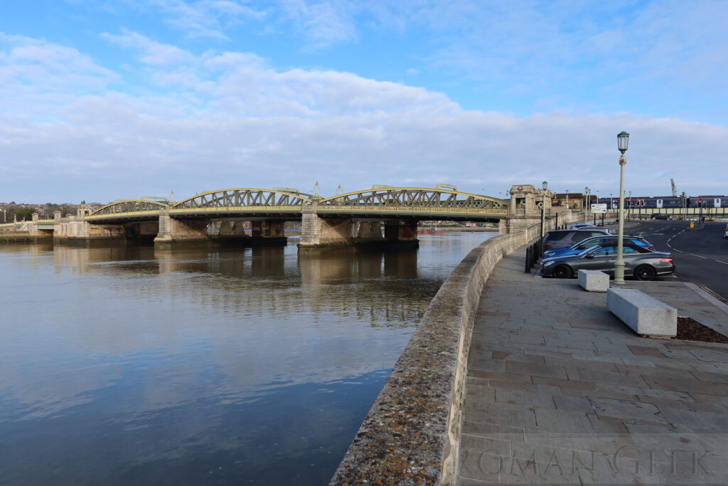 The Road and Rail Bridges across the Medway in front of Rochester Castle.